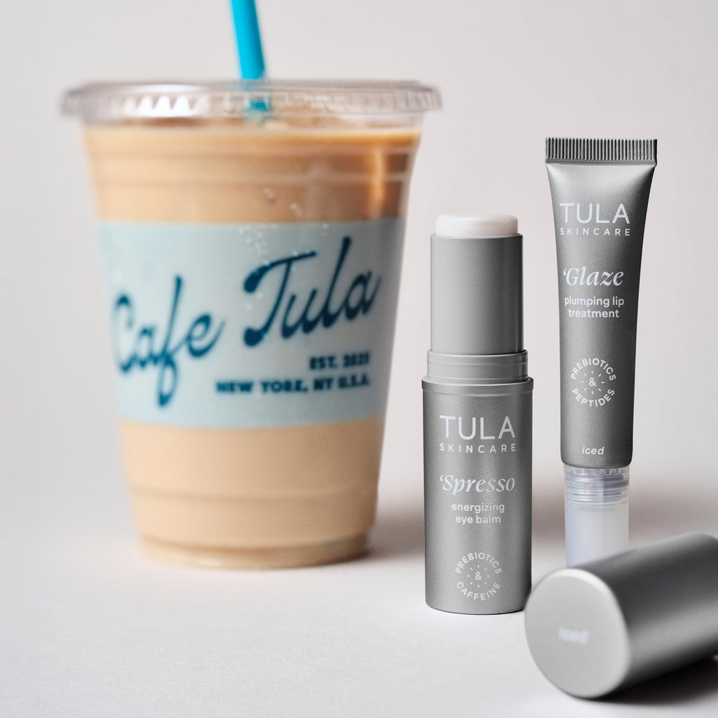 TULA Skin Care Eye + Lip Duo - Spresso Energizing Eye Balm 0.35 oz + Glaze Plumping Lip Treatment 0.28 oz, 2-Piece Holiday Kit